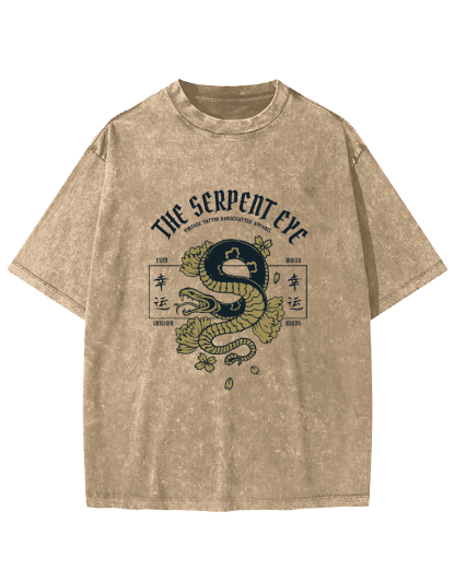 Japanese Lucky Snake Pattern Vintage Distressed T-shirt-Zazasy