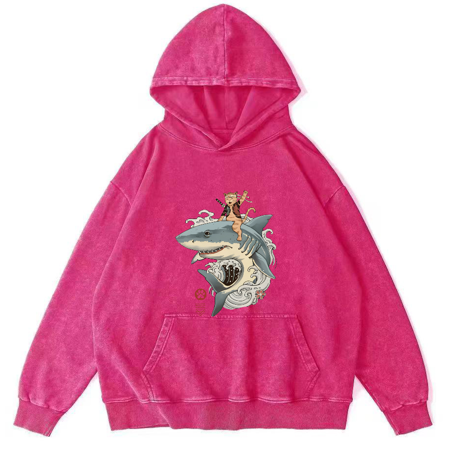 Cat Warrior Riding Shark Japanese Washed Hoodie-Zazasy