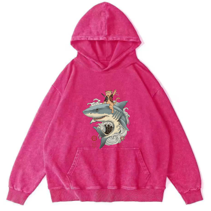 Cat Warrior Riding Shark Japanese Washed Hoodie-Zazasy
