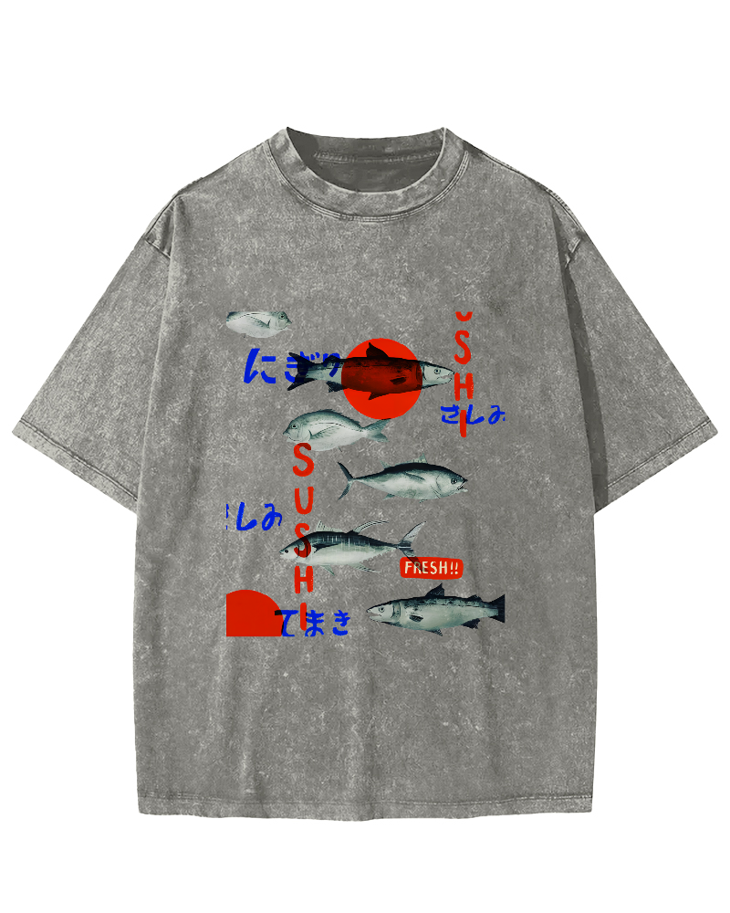 Japanese Sea Fish Pattern Vintage Distressed T-shirt-Zazasy