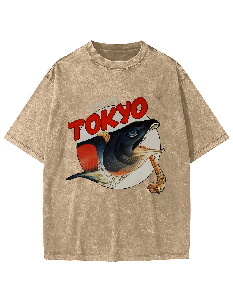Tokyo Tsukiji Fish Market Vintage Washed T-shirt-Zazasy