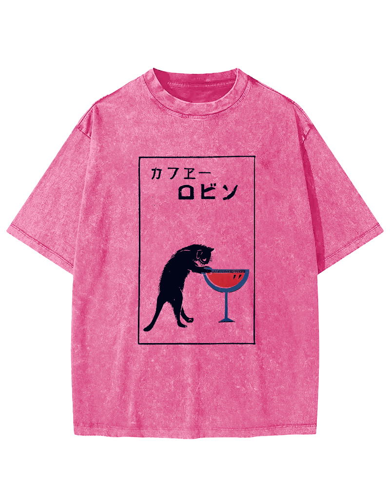 Japanese Script Red wine cat Vintage Distressed T-shirt-Zazasy