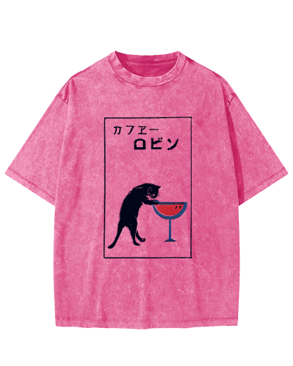 Japanese Script Red wine cat Vintage Distressed T-shirt-Zazasy