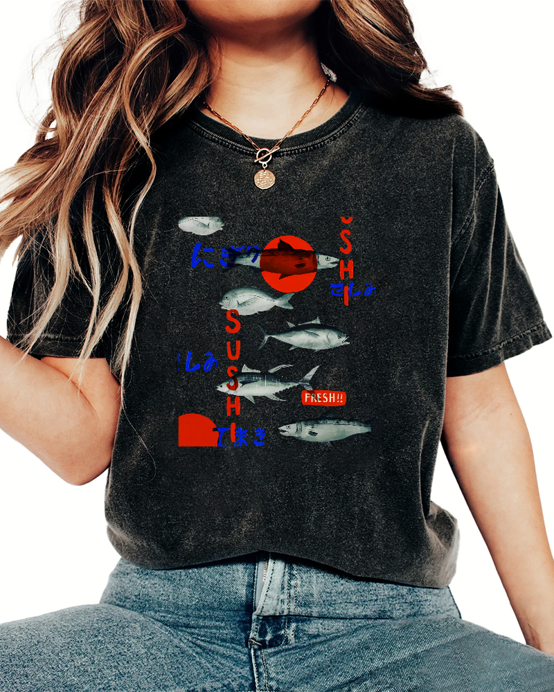Japanese Sea Fish Pattern Vintage Distressed T-shirt-Zazasy