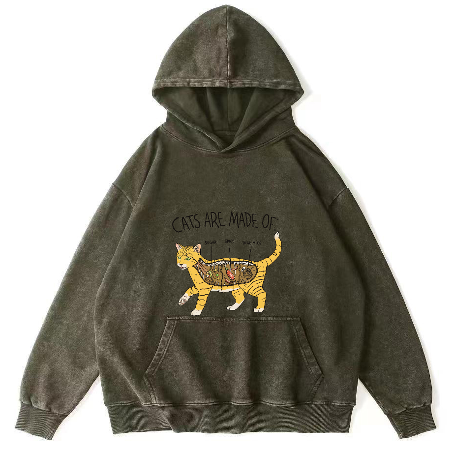 Abstract Cat Japanese Washed Hoodie-Zazasy