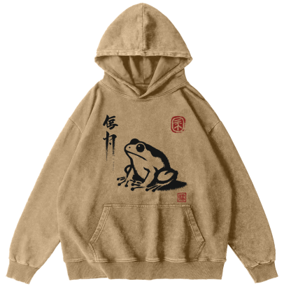 Frog Pattern Japanese Style Vintage Distressed Hoodie-Zazasy