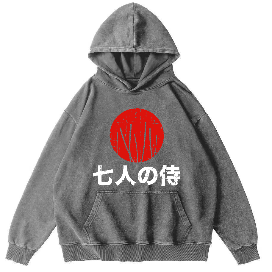 Japanese Style Seven Person Guard Attendant Vintage Washed Hoodie-Zazasy