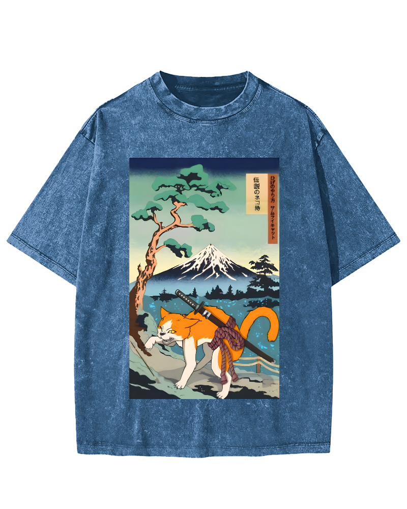 Edo Period Cat Pattern Vintage Washed T-shirt-Zazasy
