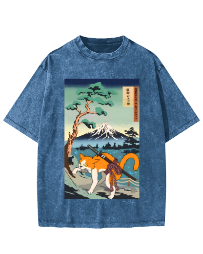 Edo Period Cat Pattern Vintage Washed T-shirt-Zazasy