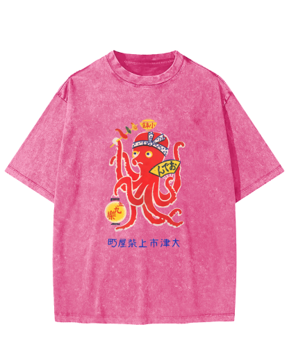 Japanese Octopus Pattern Vintage Distressed T-shirt-Zazasy