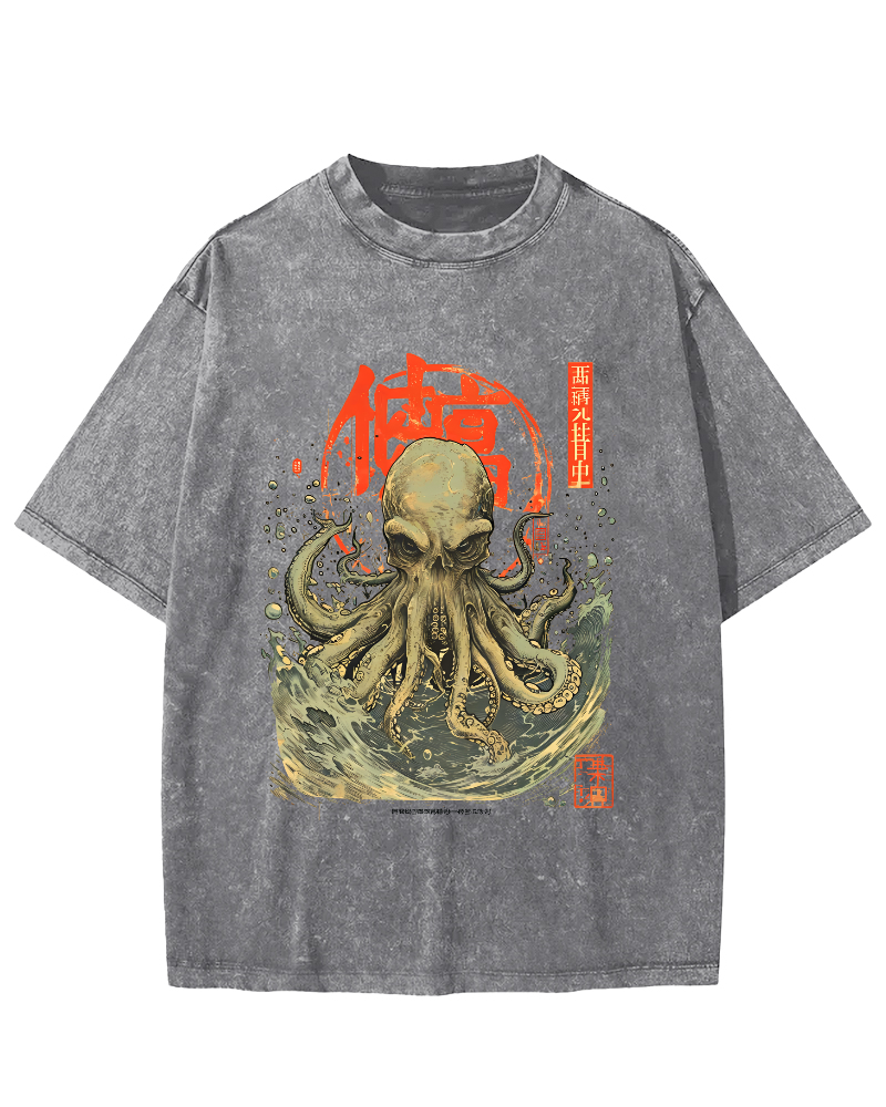 Japanese Style Octopus in the Huge Waves Vintage Washed T-shirt-Zazasy