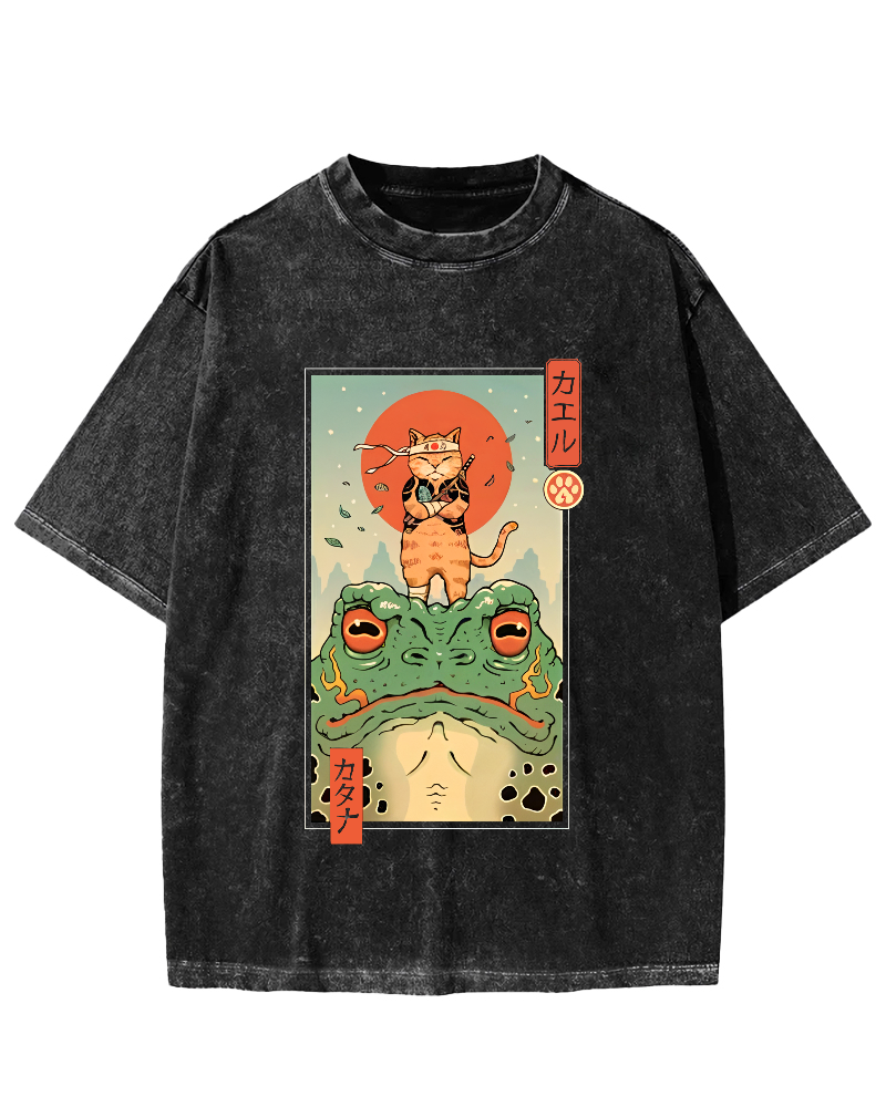 Frog And Cat Japanese  Vintage Distressed T-shirt-Zazasy