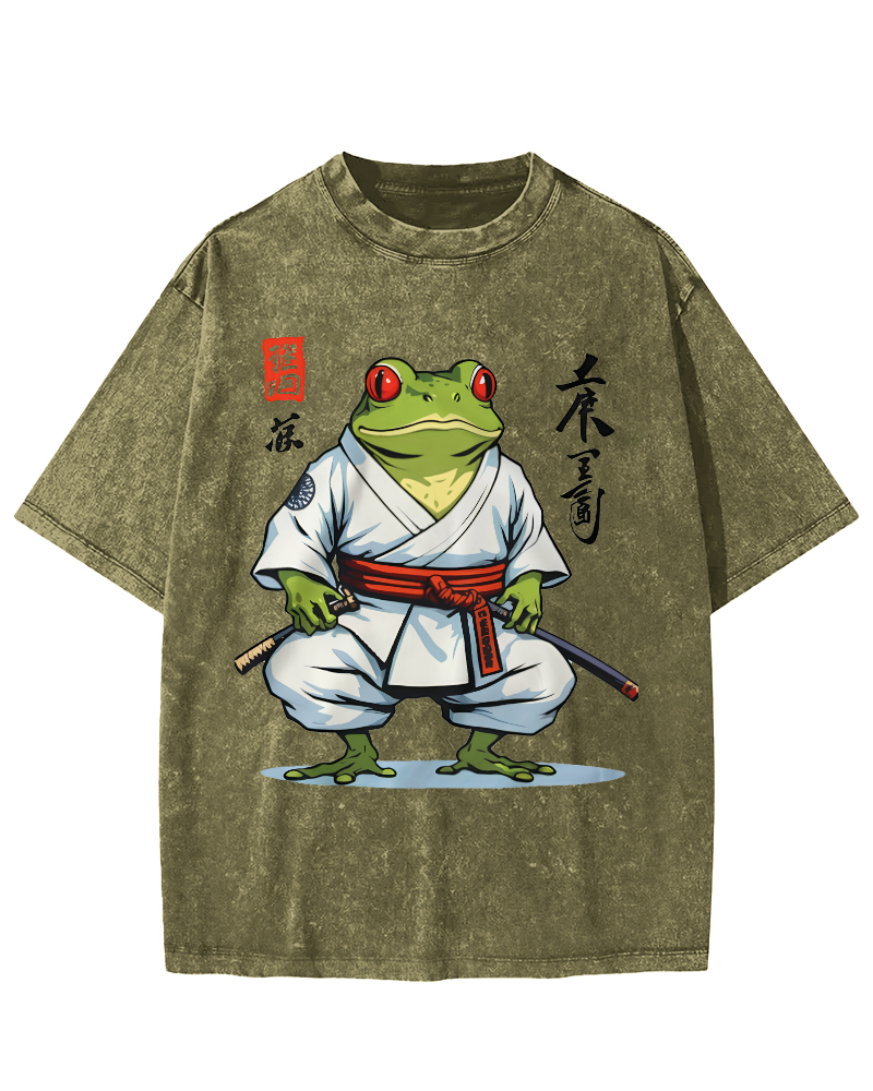 Frog Bushido Spirit Japanese Vintage Washed T-shirt-Zazasy