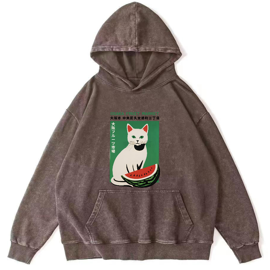 Cat Who Loves To Eat Watermelon Vintage Distressed Hoodie-Zazasy
