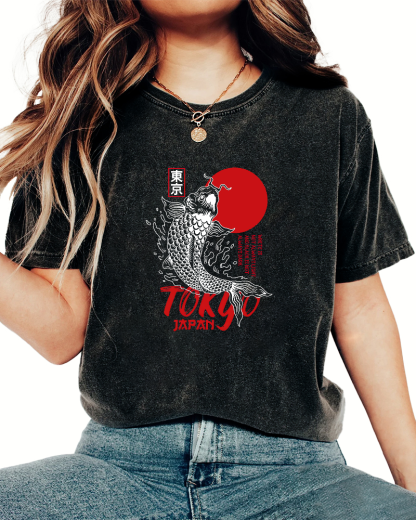 Tokyo Koi Pattern Vintage Distressed T-shirt-Zazasy