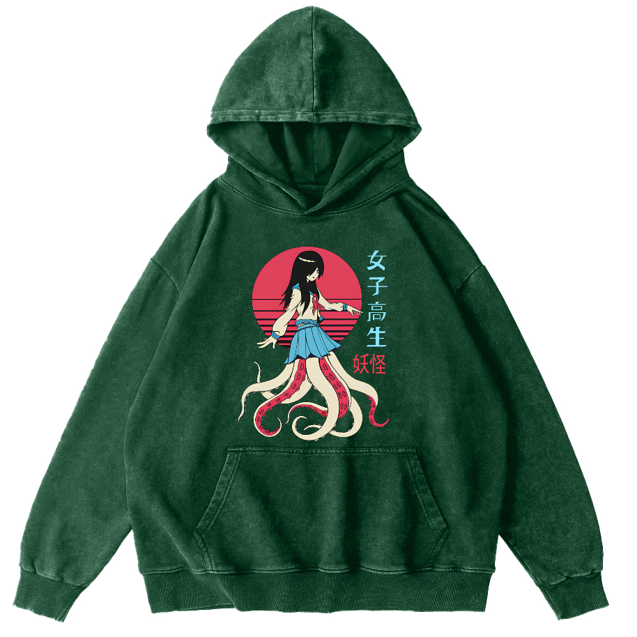 Female Octopus Monster Vintage Distressed Hoodie-Zazasy