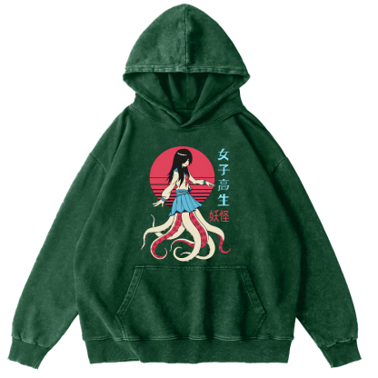 Female Octopus Monster Vintage Distressed Hoodie-Zazasy