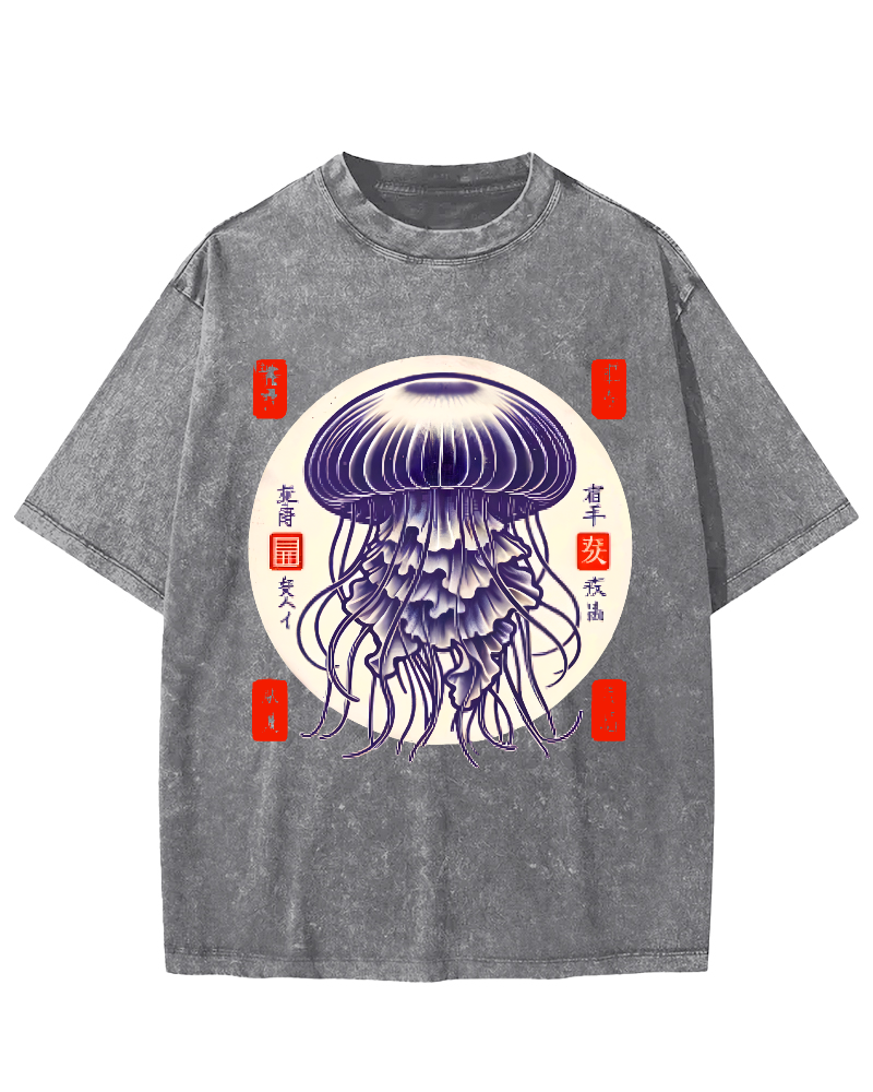 Japanese jellyfish Vintage Washed T-shirt-Zazasy