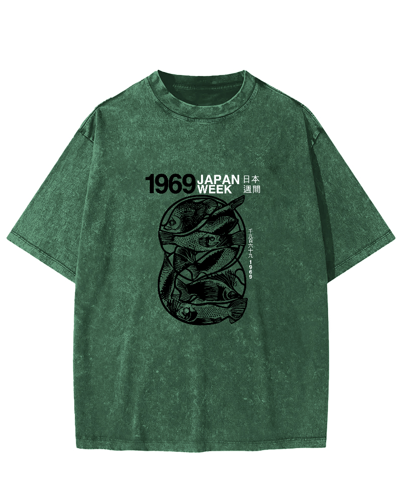 Japanese Script Fish Pattern Vintage Distressed T-shirt-Zazasy