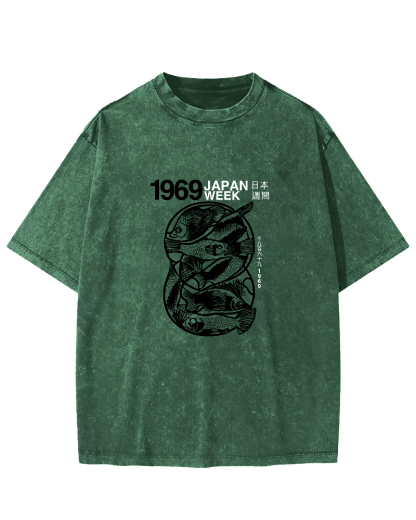 Japanese Script Fish Pattern Vintage Distressed T-shirt-Zazasy