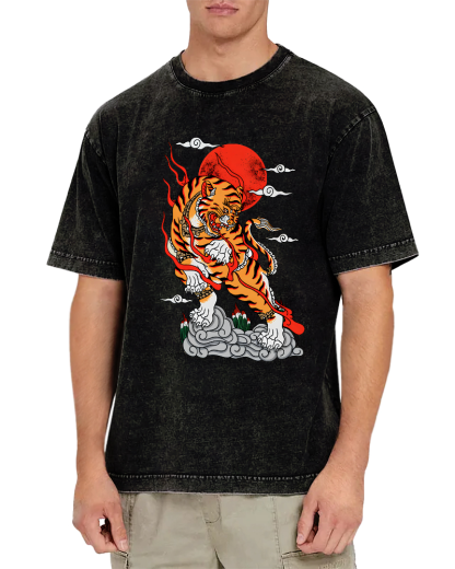 Japanese Sunrise Tiger Pattern Vintage Distressed T-shirt-Zazasy