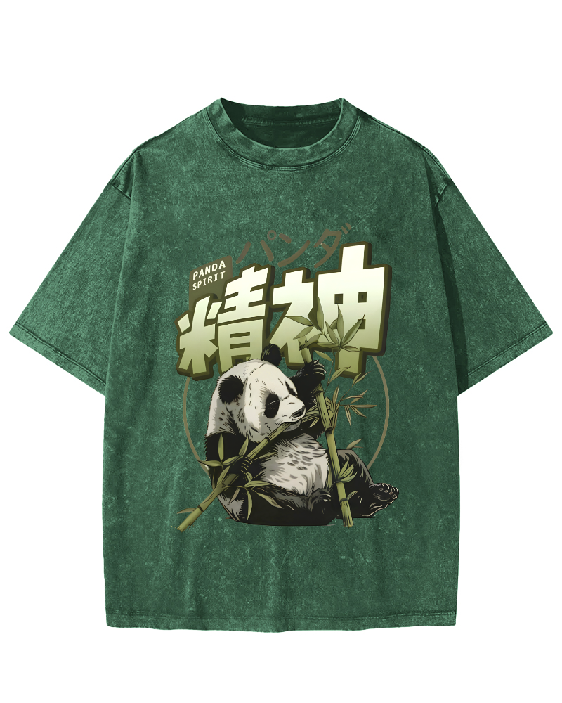 Panda Who Loves Bamboo, Japanese Style Vintage Washed T-shirt-Zazasy