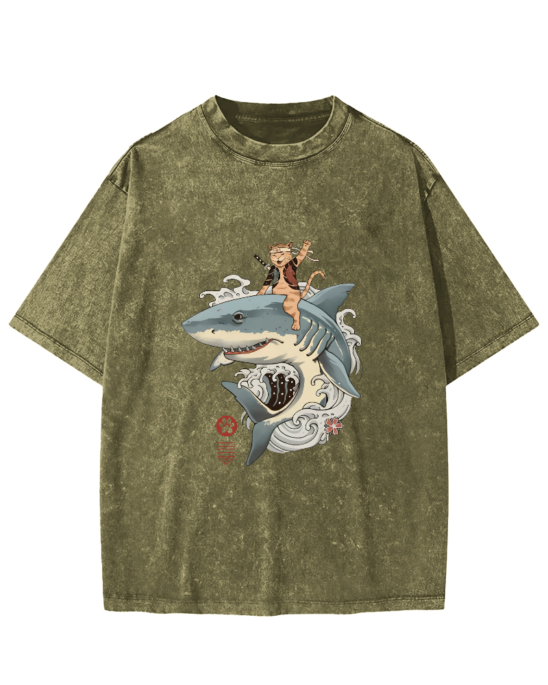 Shark Riding Cat Warrior Japanese Washed T-shirt-Zazasy