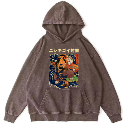 Koi and Cat Japanese Style Vintage Distressed Hoodie-Zazasy