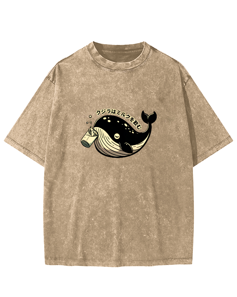 Japanese Whale Pattern Vintage Distressed T-shirt-Zazasy