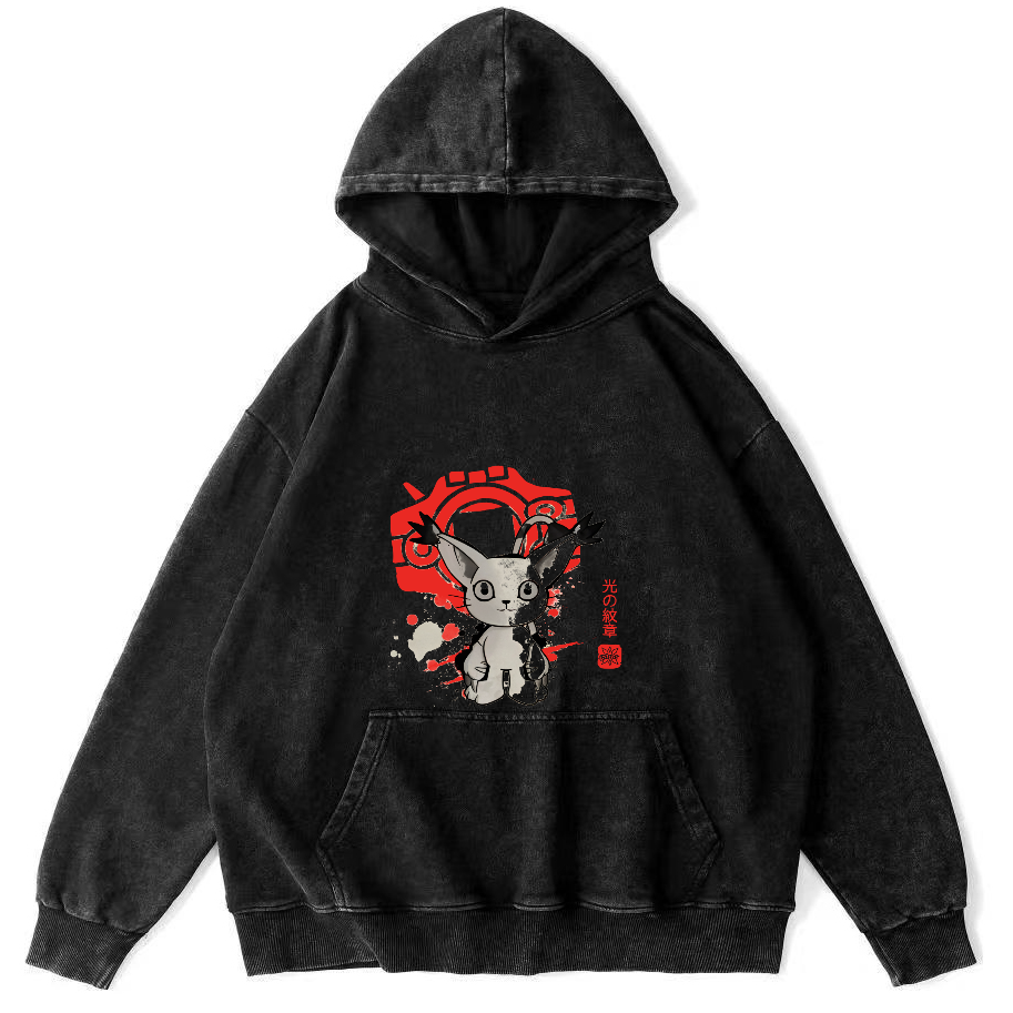 Cartoon Kitten Japanese Style Vintage Distressed Hoodie-Zazasy