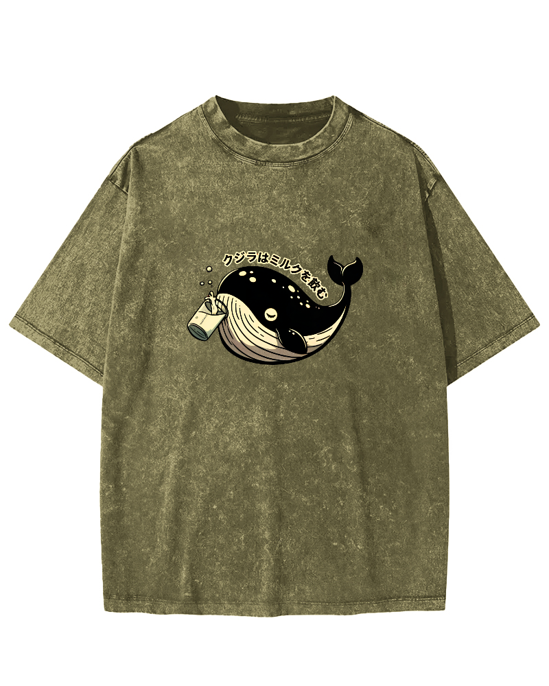 Japanese Whale Pattern Vintage Distressed T-shirt-Zazasy