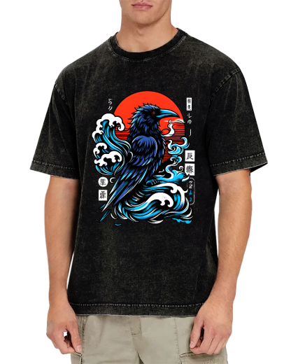 Crows in The Waves, Japanese Style Vintage Distressed T-shirt-Zazasy