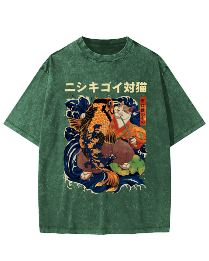 Koi and Cat Japanese Style Vintage Distressed T-shirt-Zazasy
