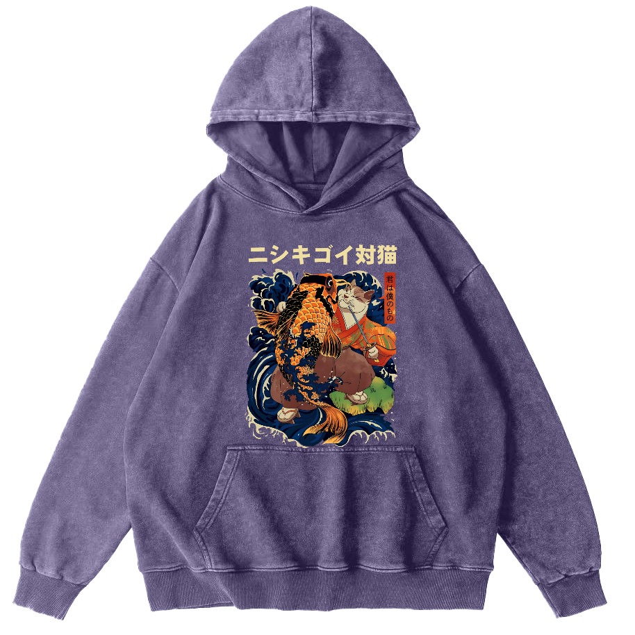 Koi and Cat Japanese Style Vintage Distressed Hoodie-Zazasy