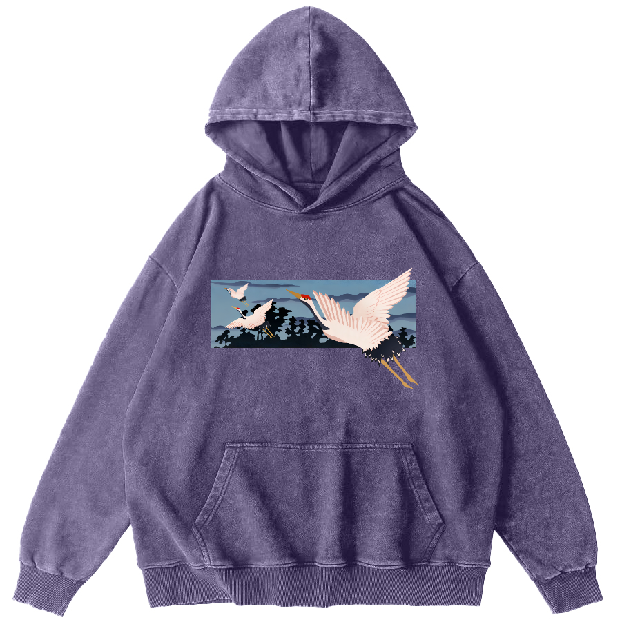 Idle Clouds, Wild Cranes, Japanese Style Vintage Washed Hoodie-Zazasy