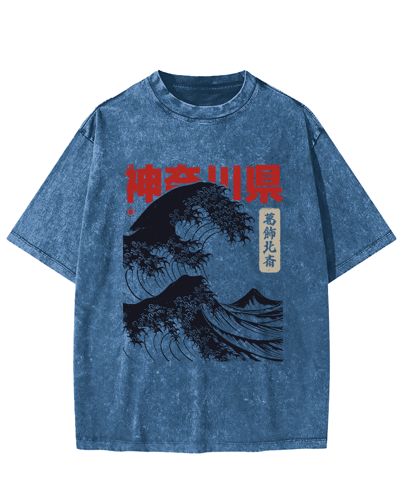 Shennai Giant Wave Vintage Washed T-shirt-Zazasy