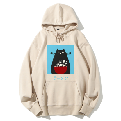 Black cat likes to eat Lamian Noodles Cotton Hoodie