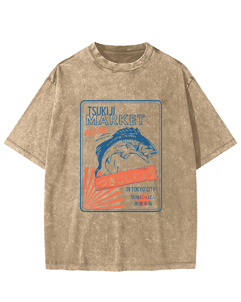 Tsukiji Seafood Market in Japan Vintage Washed T-shirt-Zazasy