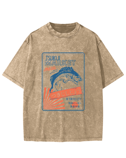 Tsukiji Seafood Market in Japan Vintage Washed T-shirt-Zazasy
