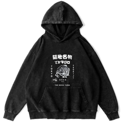 Japanese Seafood Market Pattern Vintage Distressed Hoodie-Zazasy