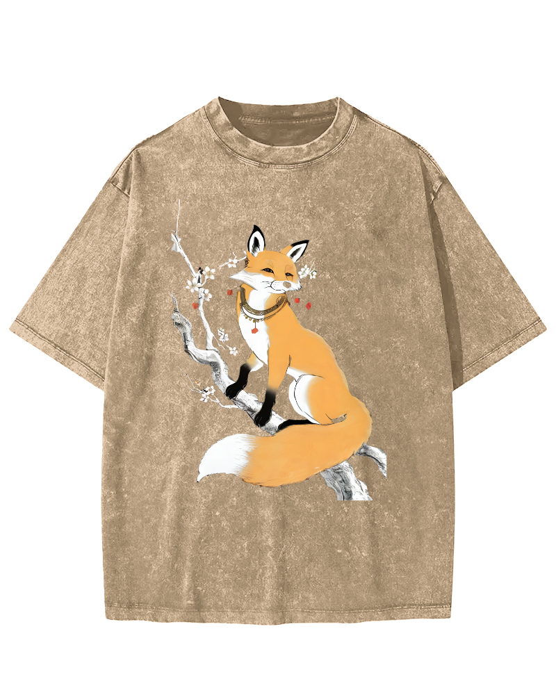 Fox Landscape Painting Japanese Style Vintage Washed T-shirt-Zazasy