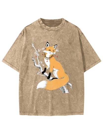 Fox Landscape Painting Japanese Style Vintage Washed T-shirt-Zazasy