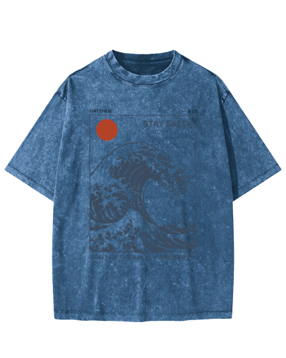The Sunrise Scenery of Waves in Tokyo Vintage Washed T-shirt-Zazasy