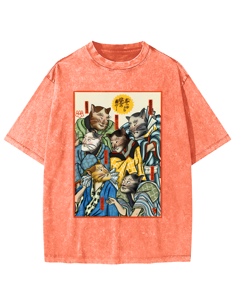 Japanese Samurai Cat Vintage Washed T-shirt-Zazasy