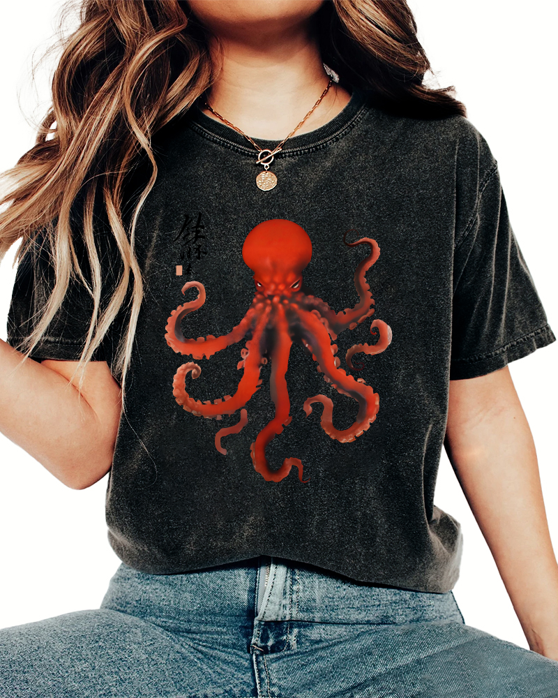Japanese Octopus Vintage Washed T-shirt-Zazasy