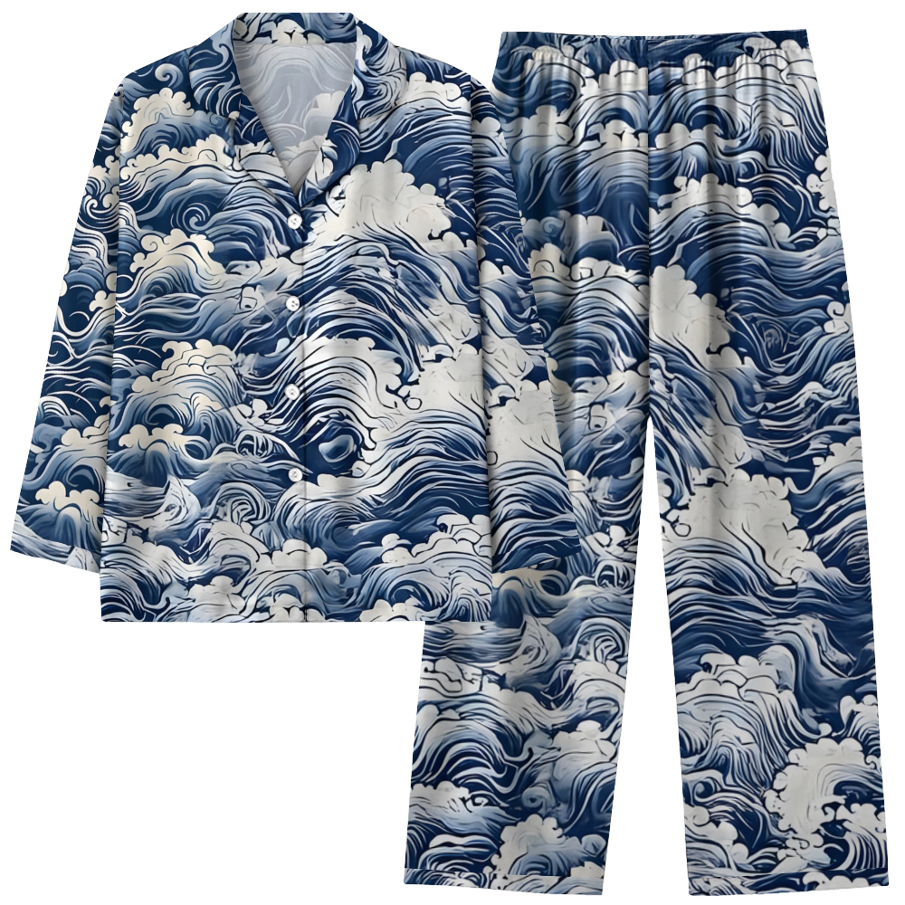 Japanese Wave Comfortable Long Sleeve Shirt and Pajama Set