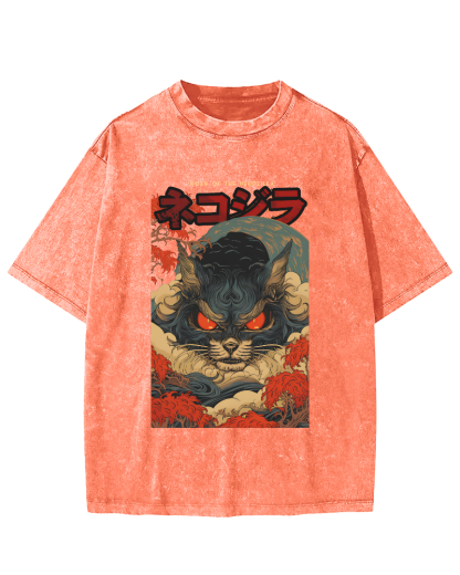 Monster Cat Japanese Style Vintage Washed T-shirt-Zazasy
