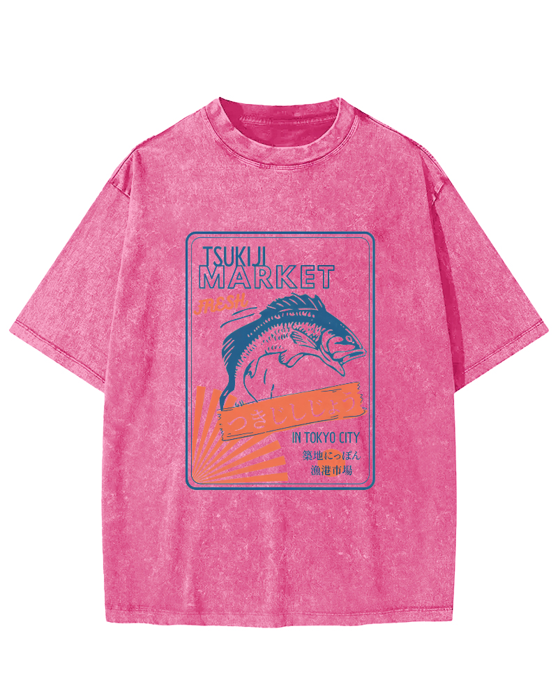 Tsukiji Seafood Market in Japan Vintage Washed T-shirt-Zazasy