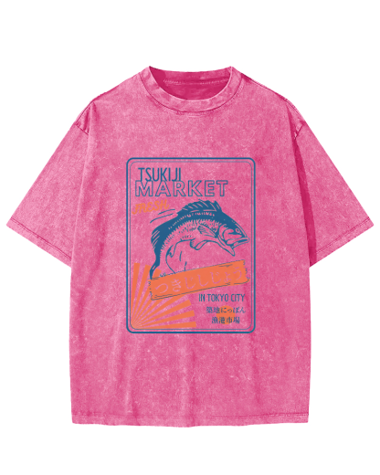 Tsukiji Seafood Market in Japan Vintage Washed T-shirt-Zazasy