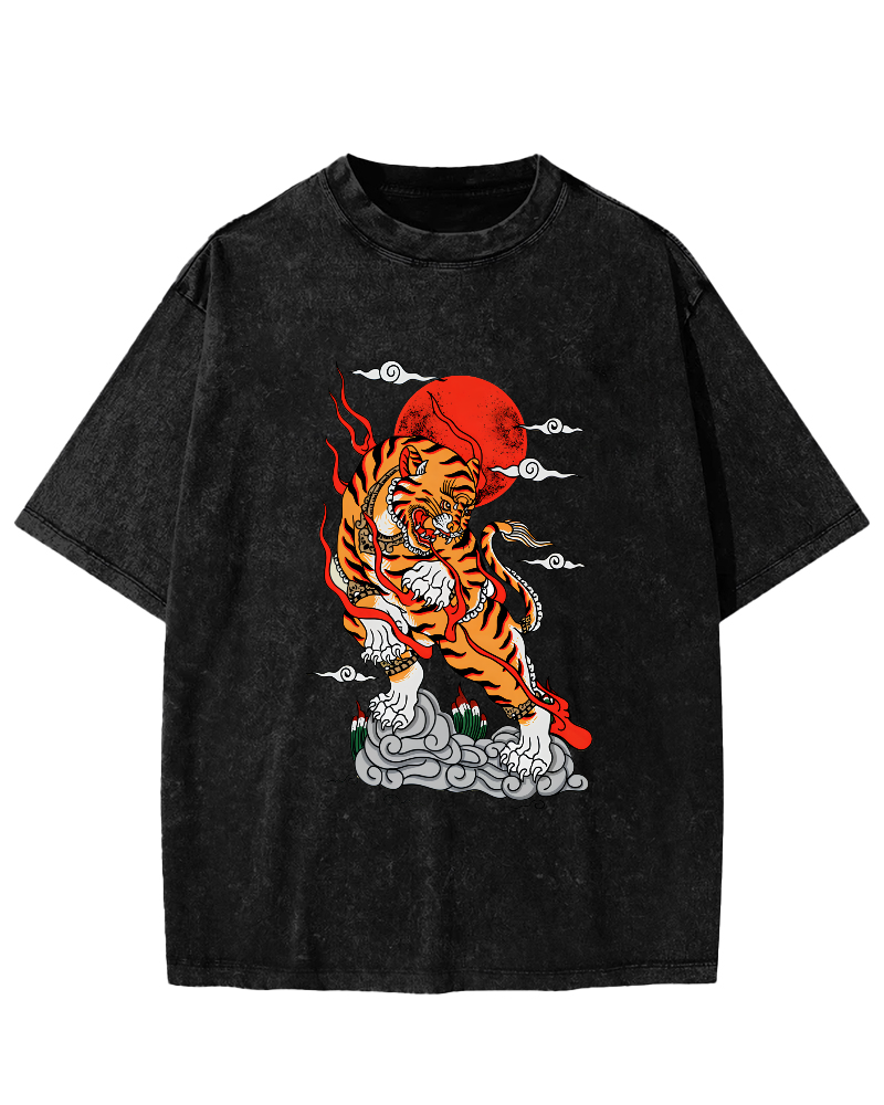 Japanese Sunrise Tiger Pattern Vintage Distressed T-shirt-Zazasy